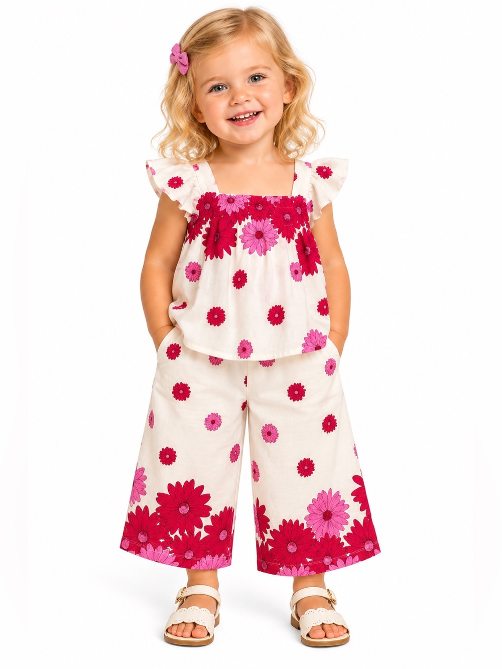 Zara Baby Pink Red Daisy Floral Top & Wide Leg Pants Set | NWT Size 9-12M